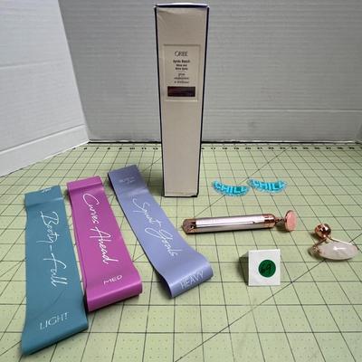 Personal Care Lot - Resistance Bands, Facial Roller and Tool, Oribe Wave and Beach Spray, Reusable Eye Patches