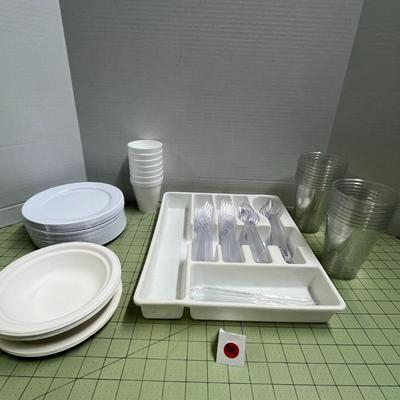 Plastic Forks, Plates and Plastic Cups Set with Silverware Holder