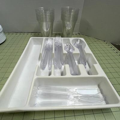 Plastic Forks, Plates and Plastic Cups Set with Silverware Holder