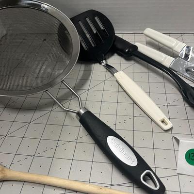 Miscellaneous Kitchen Utensils - Strainer, Wooden Spoon, Spatula, Can Opener, Open Mitt and Slotted Spoon