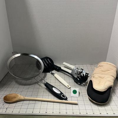 Miscellaneous Kitchen Utensils - Strainer, Wooden Spoon, Spatula, Can Opener, Open Mitt and Slotted Spoon