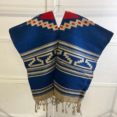 Mexican Blue, Red and Cream Colored Poncho - One Size