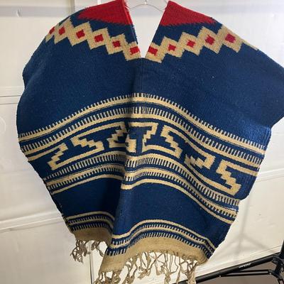 Mexican Blue, Red and Cream Colored Poncho - One Size