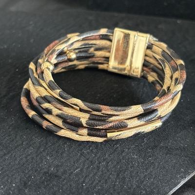 Brown Tan Faux Leather Strips Bracelet Gold Tone Bead Accents and Magnetic Clasp