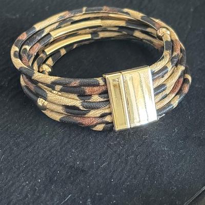 Brown Tan Faux Leather Strips Bracelet Gold Tone Bead Accents and Magnetic Clasp