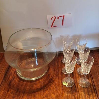 6 WATERFORD STEMMED GLASSES AND A LARGE GLASS BOWL