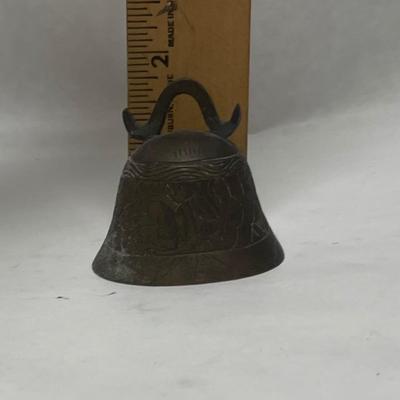 Vintage Solid Brass Miniature Bell Etched MCM Oriental Primitive Decor