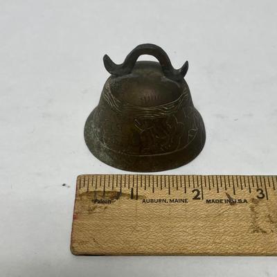 Vintage Solid Brass Miniature Bell Etched MCM Oriental Primitive Decor