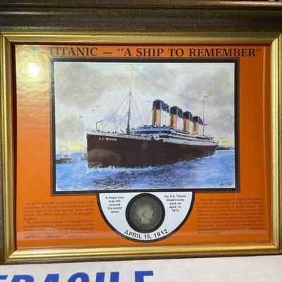 Vintage S.S. Titanic a Ship to Remember Commemorative Framed Display W/ 1912 Barber Half Dollar as Pictured.