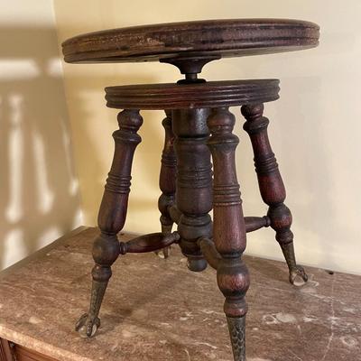 Antique Wooden Adjustable Piano Stool with Cast Iron Claw Feet and Glass Balls