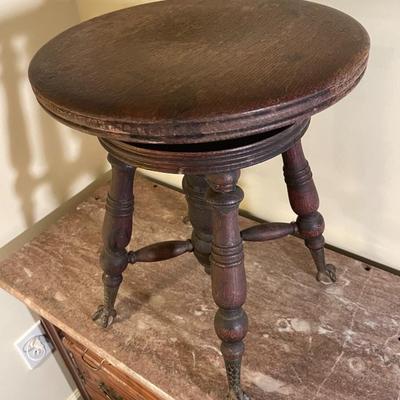 Antique Wooden Adjustable Piano Stool with Cast Iron Claw Feet and Glass Balls