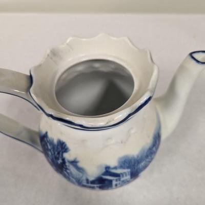 Unmarked Blue & White Ceramic Tea Kettle With Winter Scene Horse & Sleigh Ride