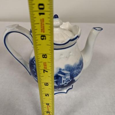 Unmarked Blue & White Ceramic Tea Kettle With Winter Scene Horse & Sleigh Ride