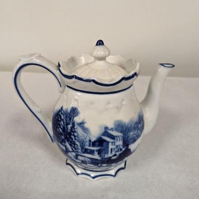 Unmarked Blue & White Ceramic Tea Kettle With Winter Scene Horse & Sleigh Ride