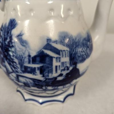 Unmarked Blue & White Ceramic Tea Kettle With Winter Scene Horse & Sleigh Ride