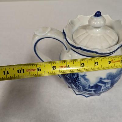 Unmarked Blue & White Ceramic Tea Kettle With Winter Scene Horse & Sleigh Ride