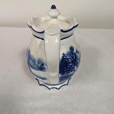 Unmarked Blue & White Ceramic Tea Kettle With Winter Scene Horse & Sleigh Ride