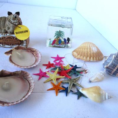 Lot of Shells and Starfish, Shell Candles, Florida Pen Holder, Dog Figure