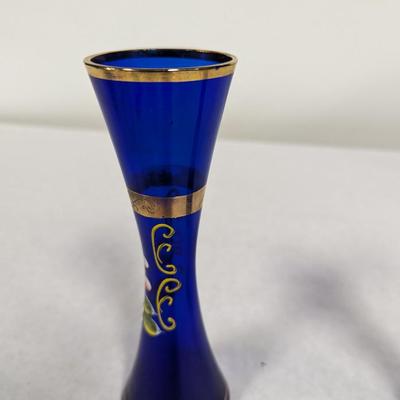 Vintage Cobalt Blue Enamel Floral Design Vase With Gold Trim Choice 2