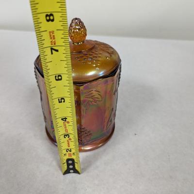 Indiana Carnival Glass Canister Candy Dish Amber Grape Leaves Harvest