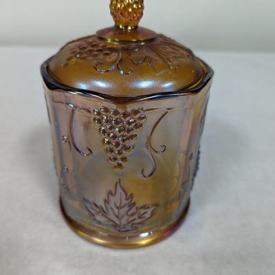 Indiana Carnival Glass Canister Candy Dish Amber Grape Leaves Harvest