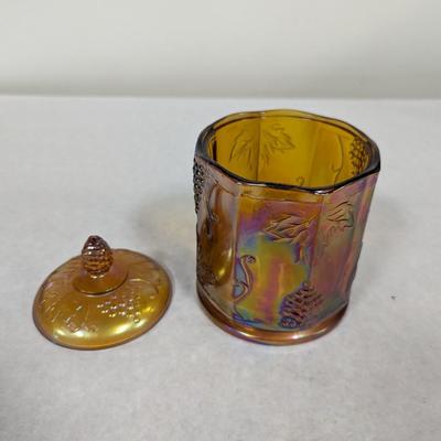 Indiana Carnival Glass Canister Candy Dish Amber Grape Leaves Harvest
