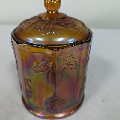 Indiana Carnival Glass Canister Candy Dish Amber Grape Leaves Harvest
