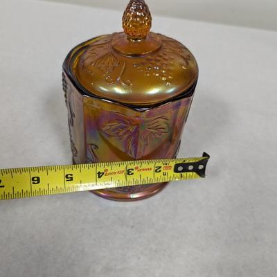 Indiana Carnival Glass Canister Candy Dish Amber Grape Leaves Harvest