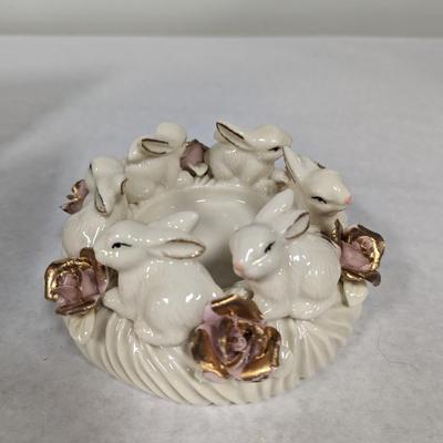 Porcelain Bunny Rabbit With Applied Roses Capodimonte Style Candle Holder Easter Choice 1