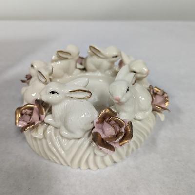 Porcelain Bunny Rabbit With Applied Roses Capodimonte Style Candle Holder Easter Choice 1