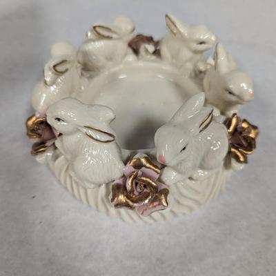 Porcelain Bunny Rabbit With Applied Roses Capodimonte Style Candle Holder Easter Choice 5