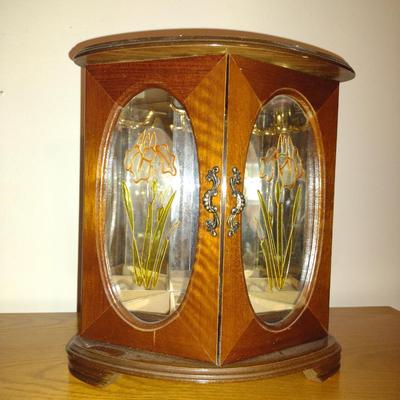 Wooden and Glass Jewelry Box with Iris Design
