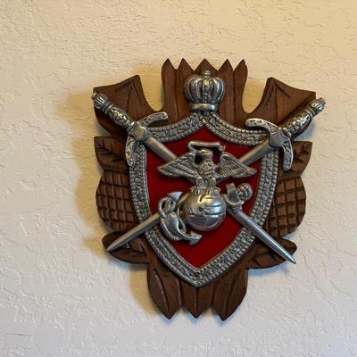 US NAVY WALL HUNG SEAL, PHOTO, US FLAG ON POLE AND A SMALL SHELF