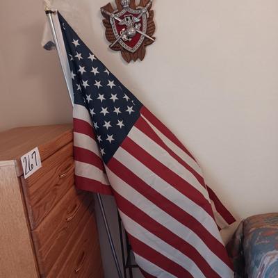 US NAVY WALL HUNG SEAL, PHOTO, US FLAG ON POLE AND A SMALL SHELF