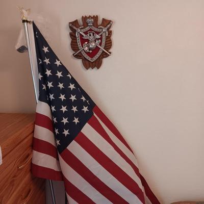 US NAVY WALL HUNG SEAL, PHOTO, US FLAG ON POLE AND A SMALL SHELF