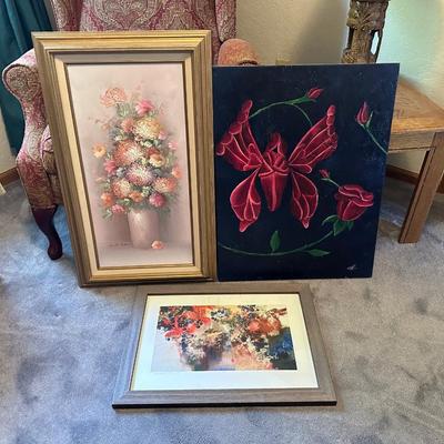 "LOW BUSH BLUES II" SIGNED WATERCOLOR, SIGNED OIL VASE OF FLOWERS AND AN OIL ON CANVAS