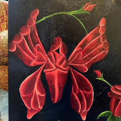 "LOW BUSH BLUES II" SIGNED WATERCOLOR, SIGNED OIL VASE OF FLOWERS AND AN OIL ON CANVAS