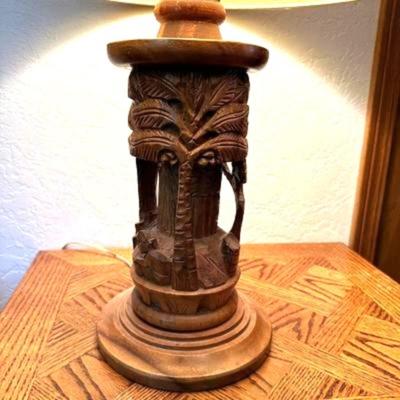 HAND CARVED WOOD BASE LAMP AND SOLID WOOD END TABLE