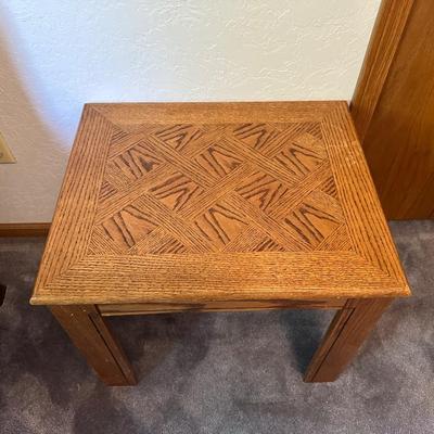 HAND CARVED WOOD BASE LAMP AND SOLID WOOD END TABLE