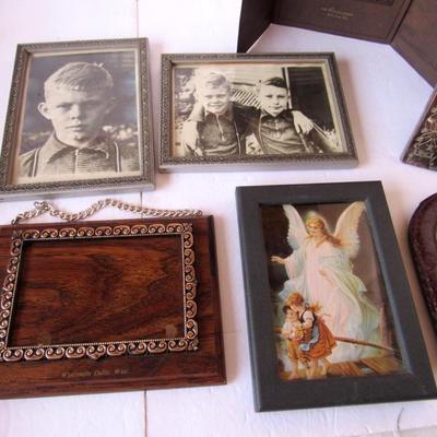 Lot of Framed Pictures and Smaller Size Frames, One Silver Plate