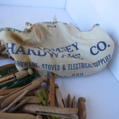 Old Wood Closepins in Advertising Cloth Bag, Bird Feeder