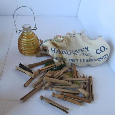 Old Wood Closepins in Advertising Cloth Bag, Bird Feeder