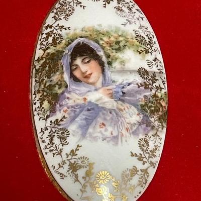 Vintage Encased & Framed Hand Painted Porcelain Cameo 6" X 8" in Good Preowned Condition.