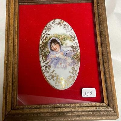 Vintage Encased & Framed Hand Painted Porcelain Cameo 6" X 8" in Good Preowned Condition.