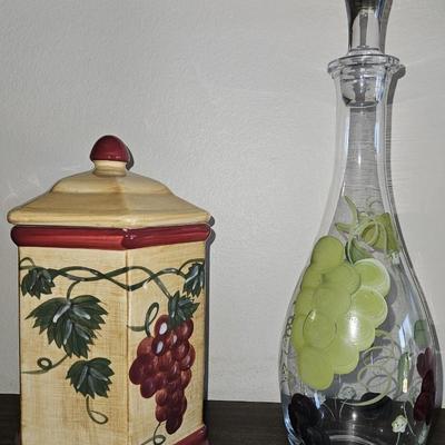 Biscotti Cannister, Painted Grape Decanter and Fleur De Lis Wine Stopper