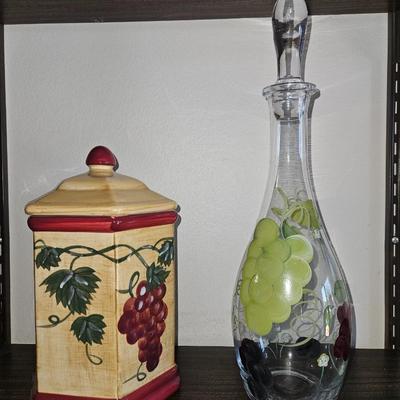 Biscotti Cannister, Painted Grape Decanter and Fleur De Lis Wine Stopper