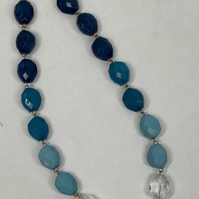 Vintage Multi-color Blue Plastic Bead Necklace with color banding