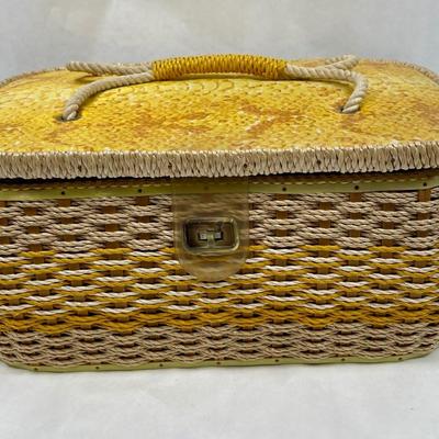 Vintage Yellow Sewing Box with tray insert and loaded with vintage sewing notions.