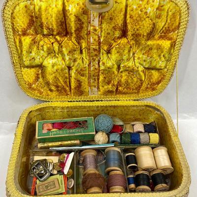 Vintage Yellow Sewing Box with tray insert and loaded with vintage sewing notions.