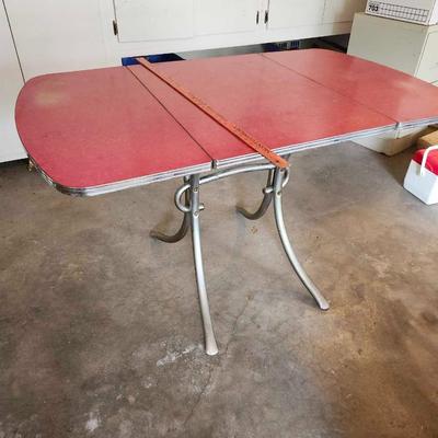 Awesome 1950's Chrome Dining Table, Red Cracked Ice Formica Top, Drop Sides, MCM